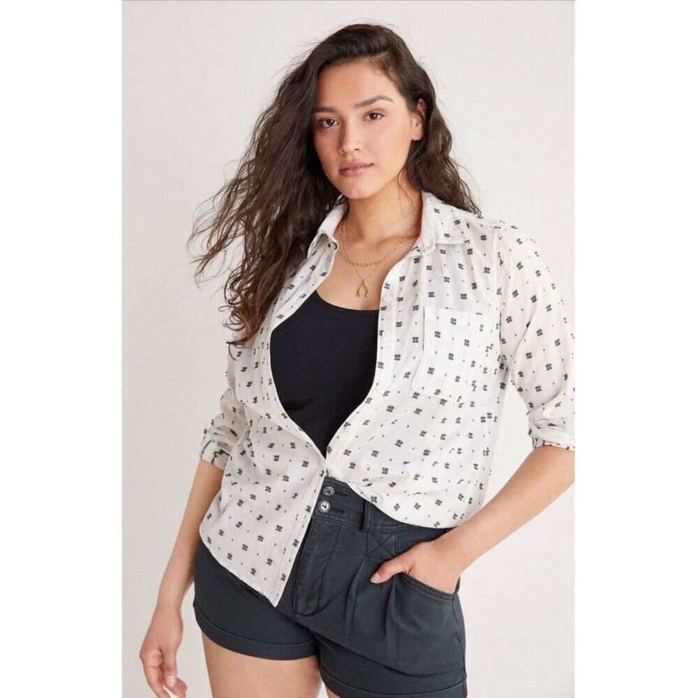 Maeve Anthropologie Dot Relaxed Button Down White Black Size 4 Small Embroidered